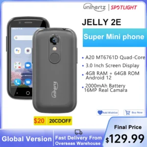 Unihertz-Mini Smartphone Jelly 2E, 4 Go, 64 Go, Android 12, Téléphone portable débloqué, 2000mAh, Téléphones portables